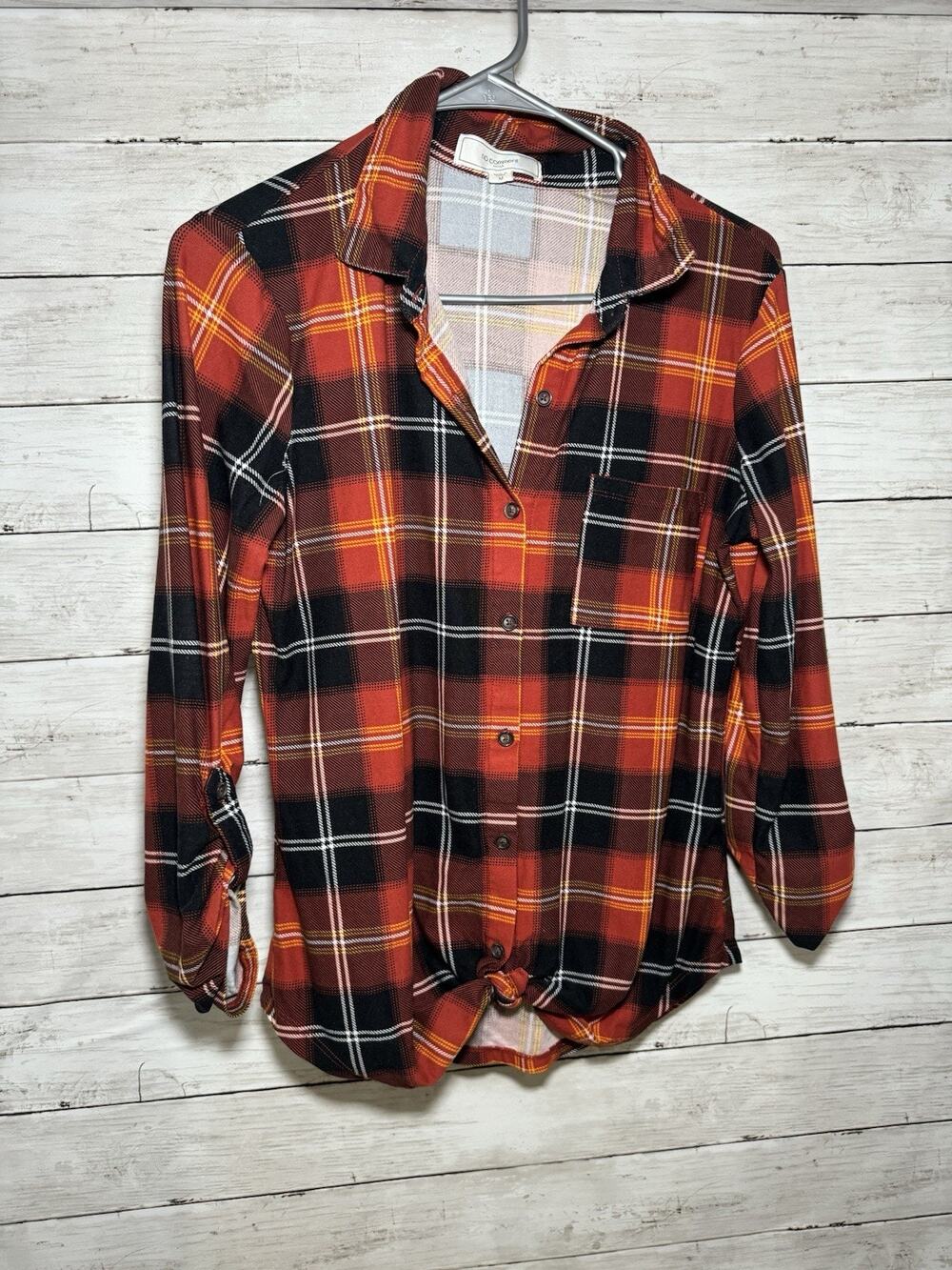 Womens Medium Button Up Fall Orange Black 3/4 Sleeve Plaid Shirt Top Casual